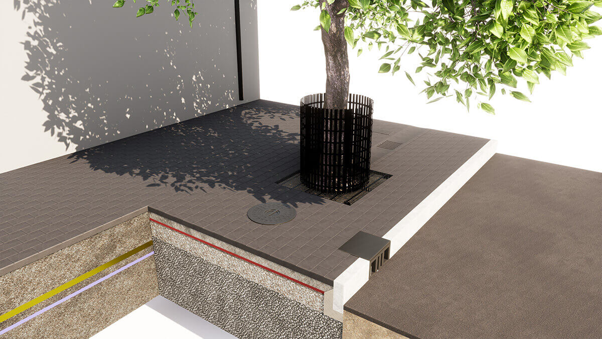 Interactive diagram showing a cross-section of a Stockholm Tree Pit within the context of a street